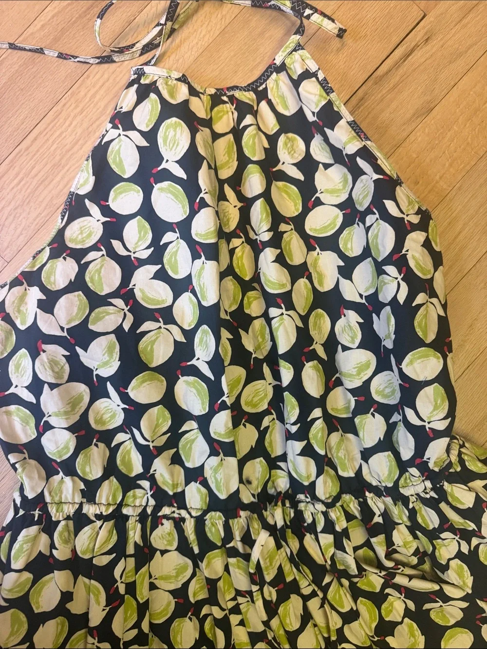 J. Crew Black Halter Dress with Yellow-Green Fruit Print